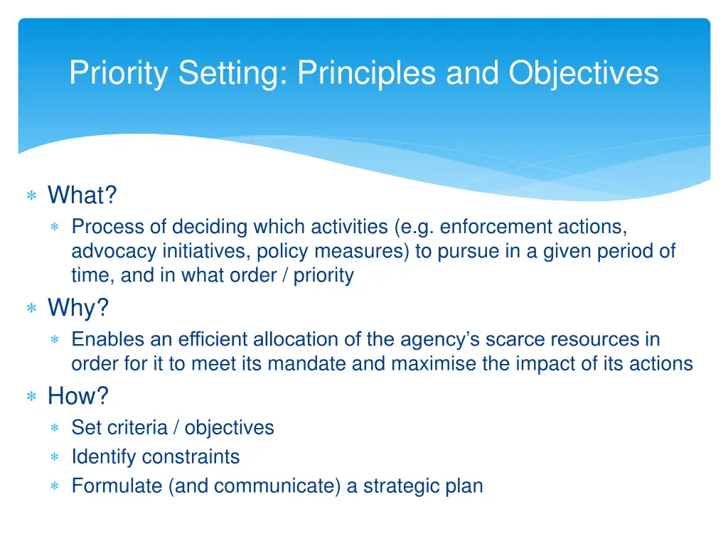 priority setting principles and objectives