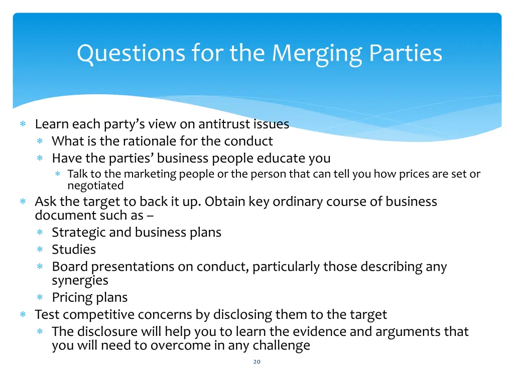 questions for the merging parties