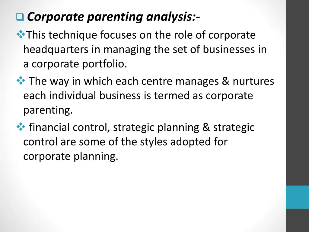 corporate parenting analysis this technique