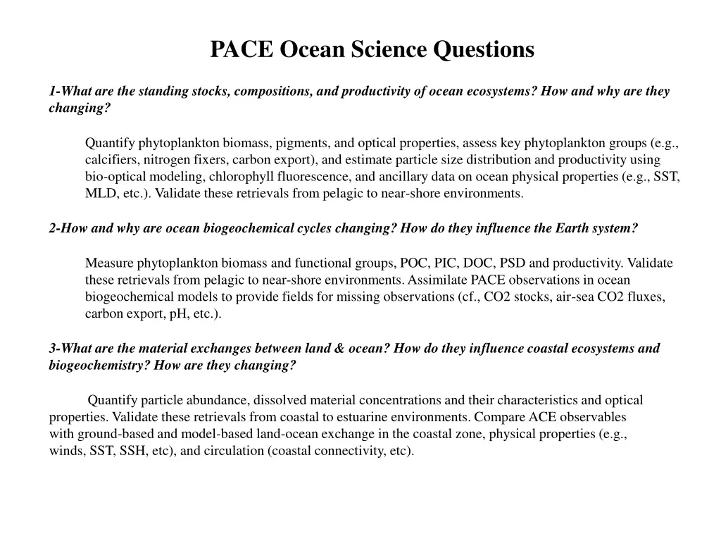 pace ocean science questions