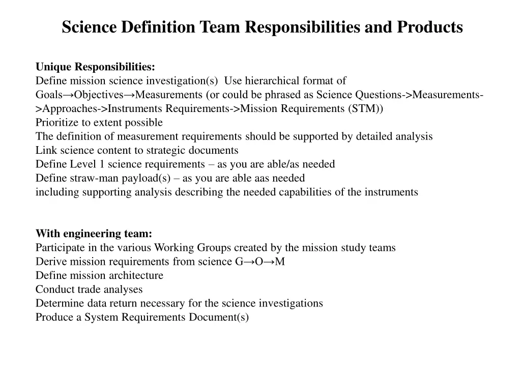 science definition team responsibilities