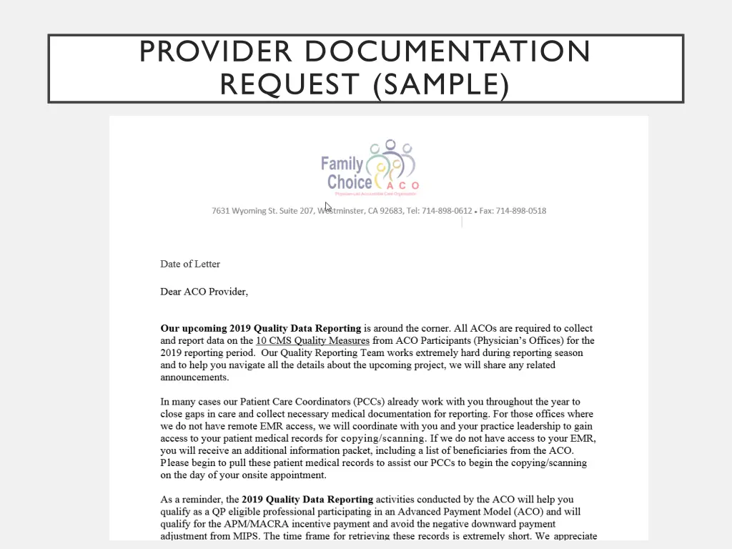provider documentation request sample