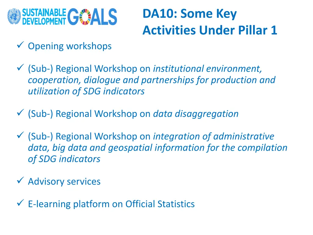 da10 some key activities under pillar 1