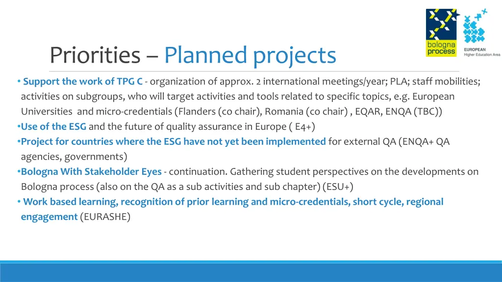 priorities planned projects