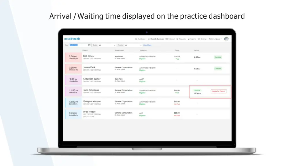 arrival waiting time displayed on the practice