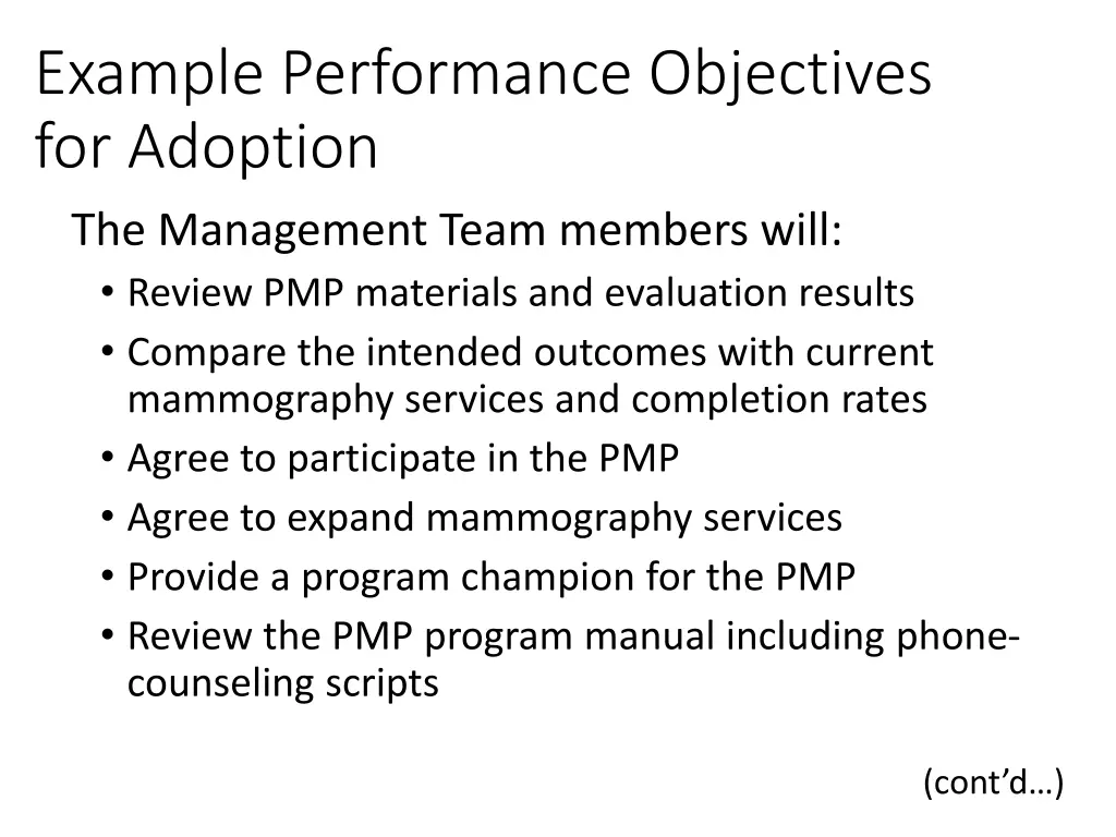 example performance objectives for adoption