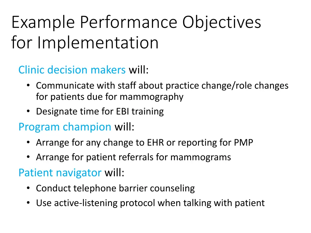example performance objectives for implementation