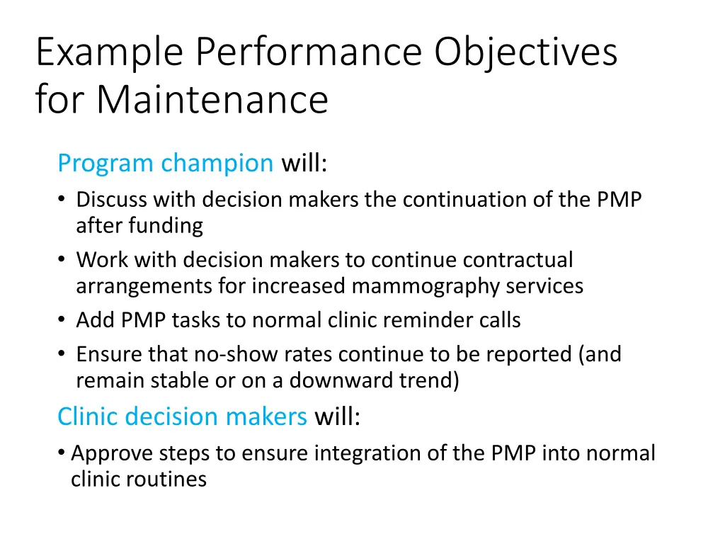 example performance objectives for maintenance