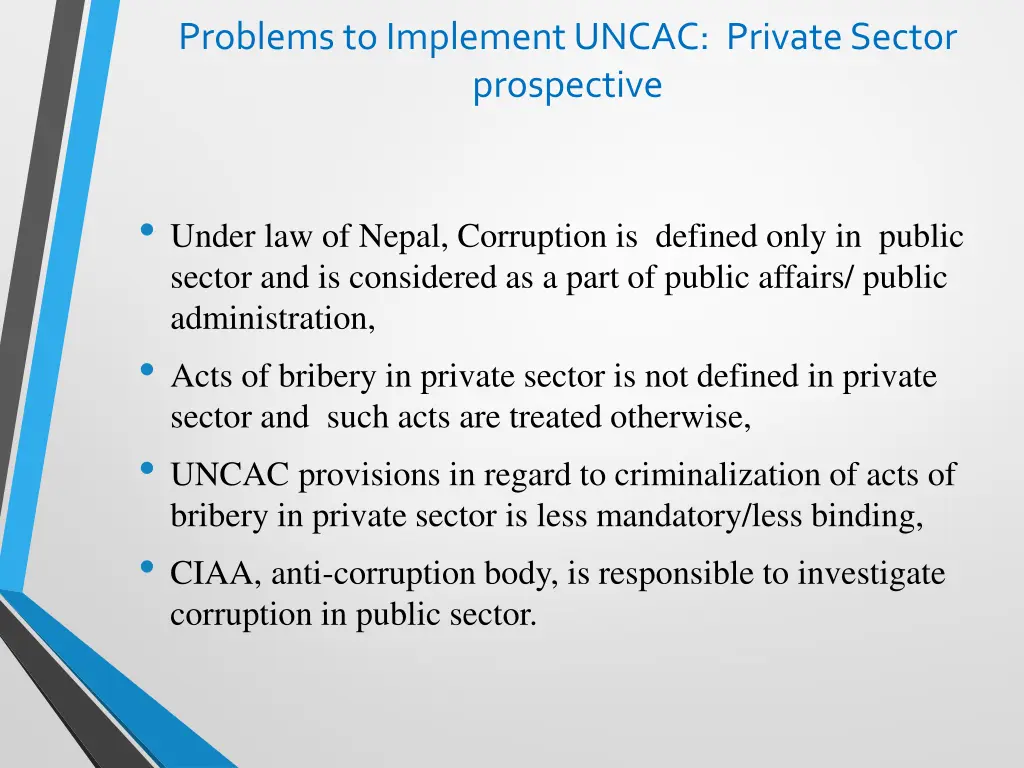 problems to implement uncac private sector