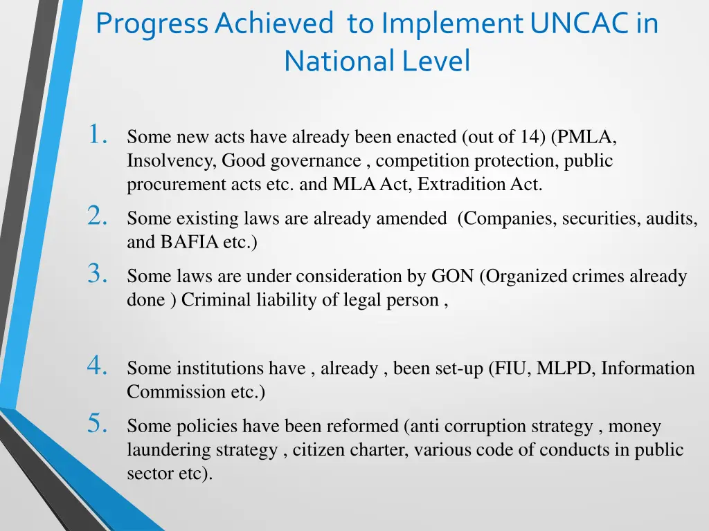 progress achieved to implement uncac in national