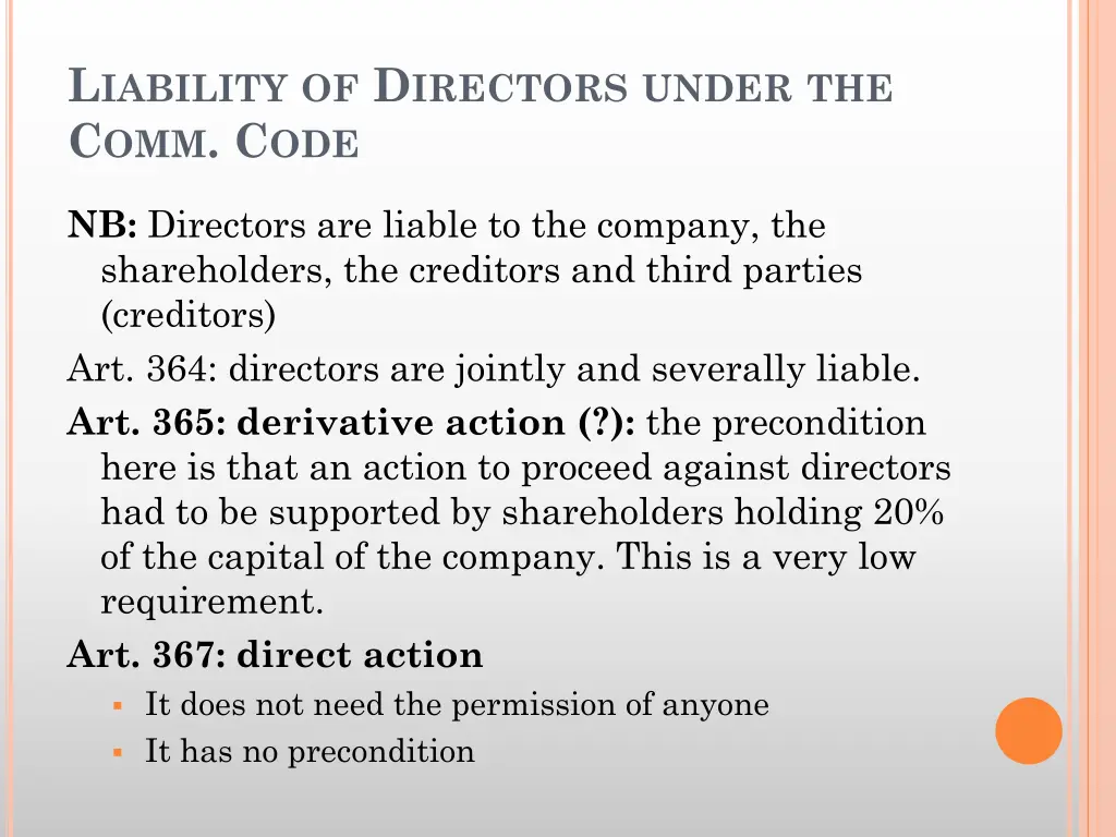 l iability of d irectors under the c omm c ode