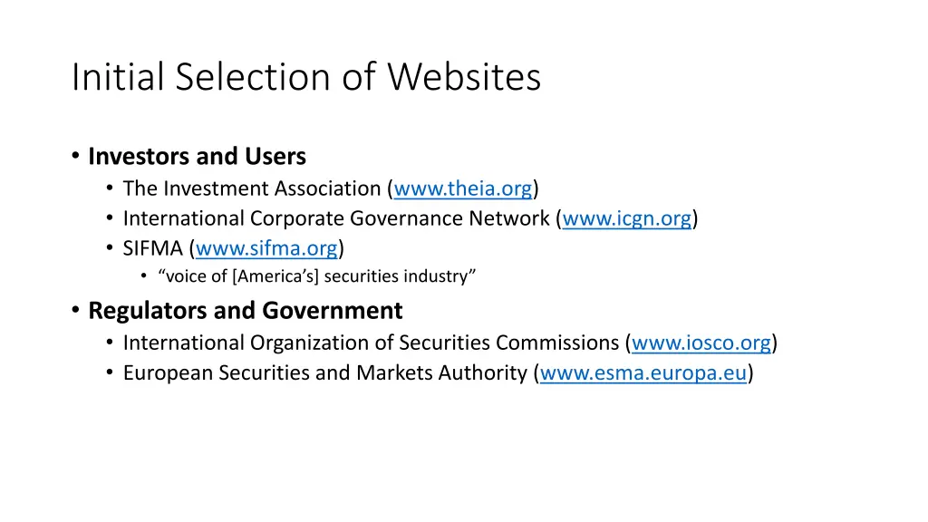 initial selection of websites