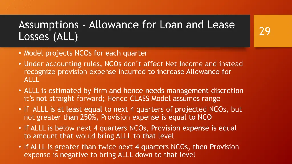 assumptions allowance for loan and lease losses