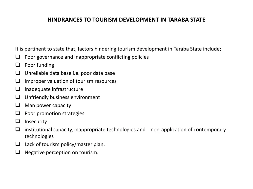 hindrances to tourism development in taraba state