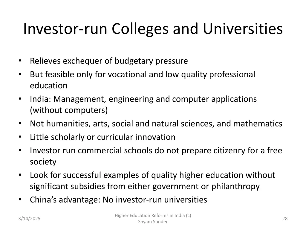 investor run colleges and universities