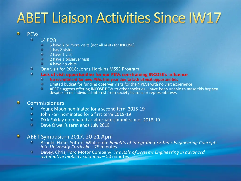 abet liaison activities since iw17