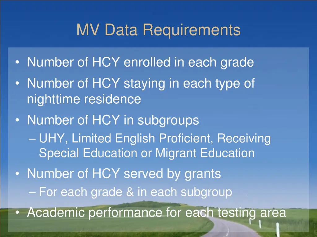 mv data requirements