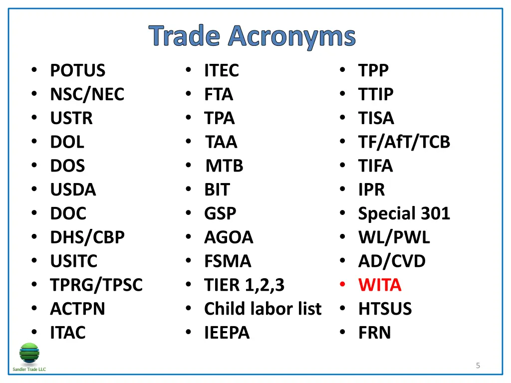 trade acronyms itec fta tpa taa mtb bit gsp agoa