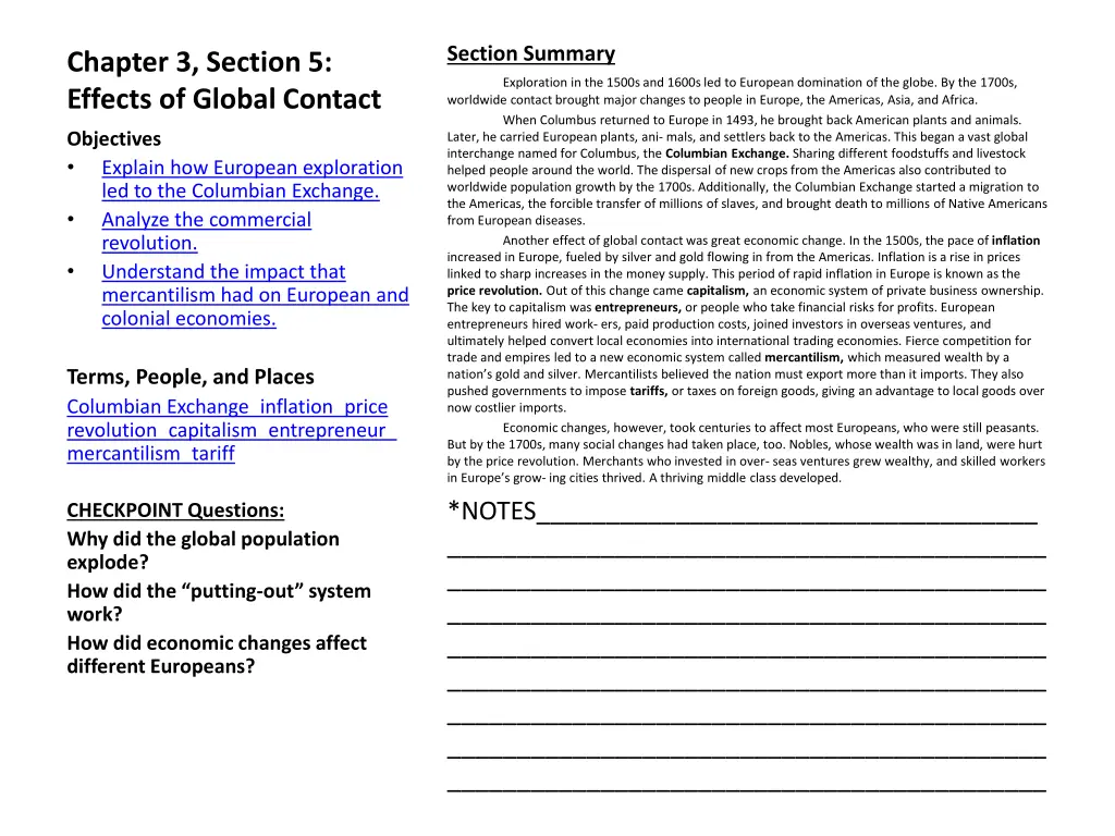 section summary exploration in the 1500s