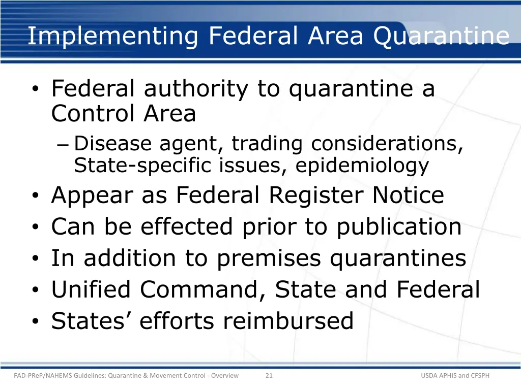 implementing federal area quarantine