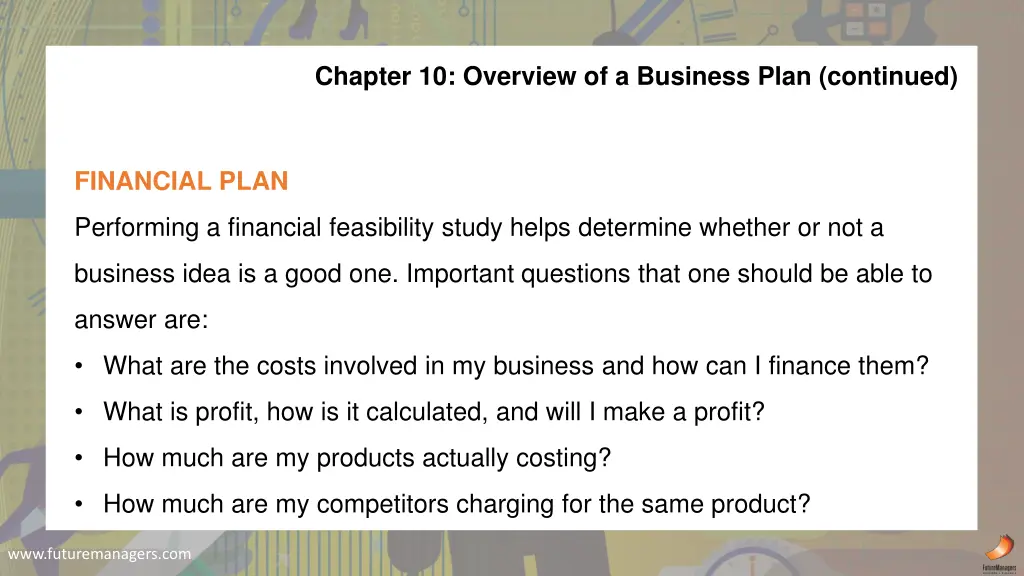 chapter 10 overview of a business plan continued
