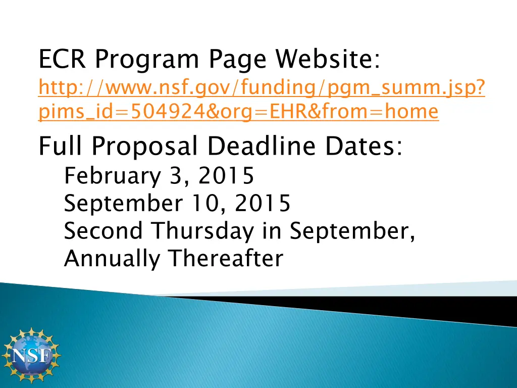 ecr program page website http www nsf gov funding 1