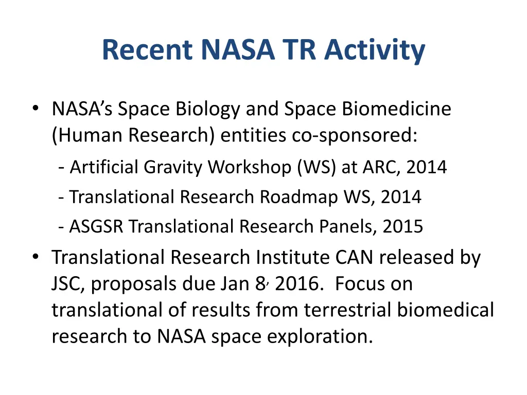recent nasa tr activity