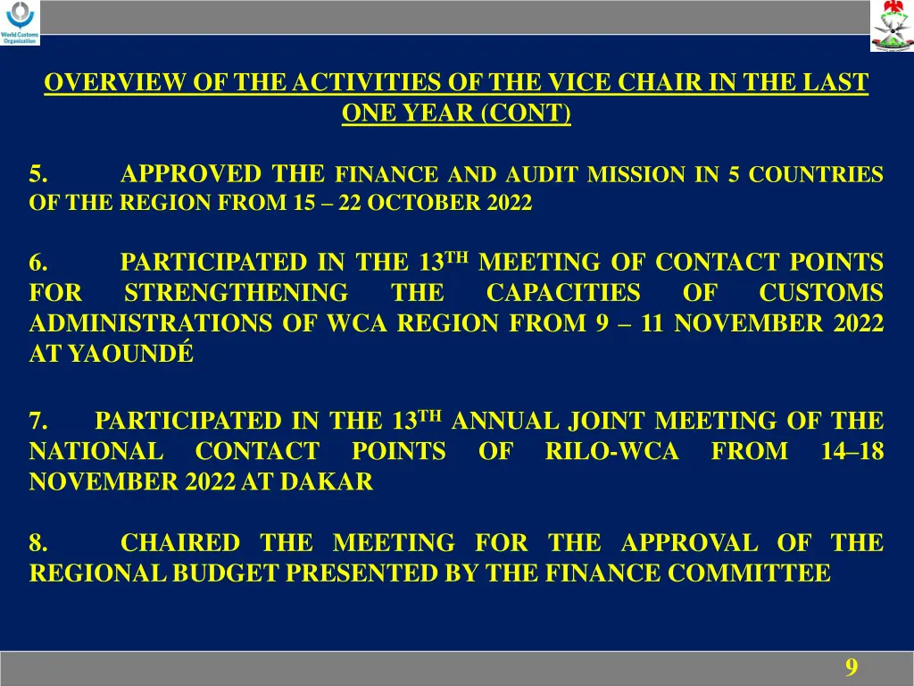 overview of the activities of the vice chair