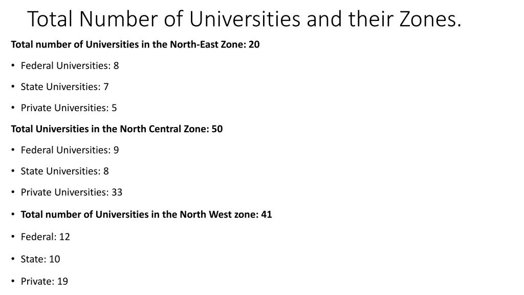 total number of universities and their zones