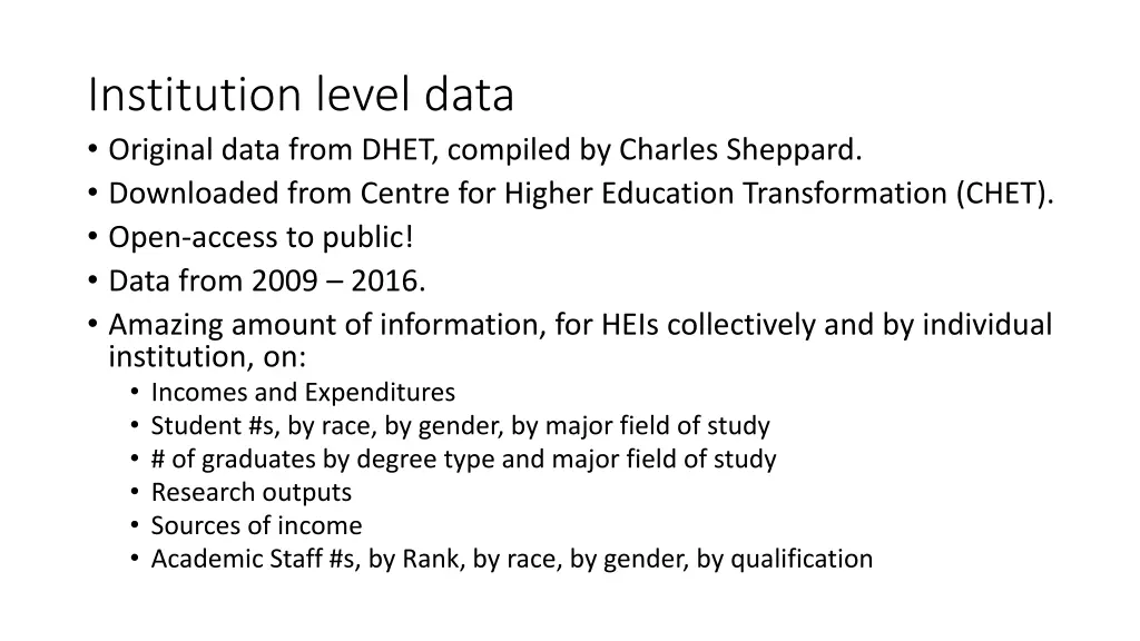 institution level data original data from dhet