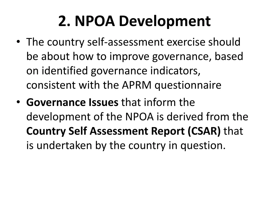 2 npoa development the country self assessment