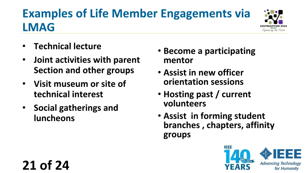 examples of life member engagements via lmag