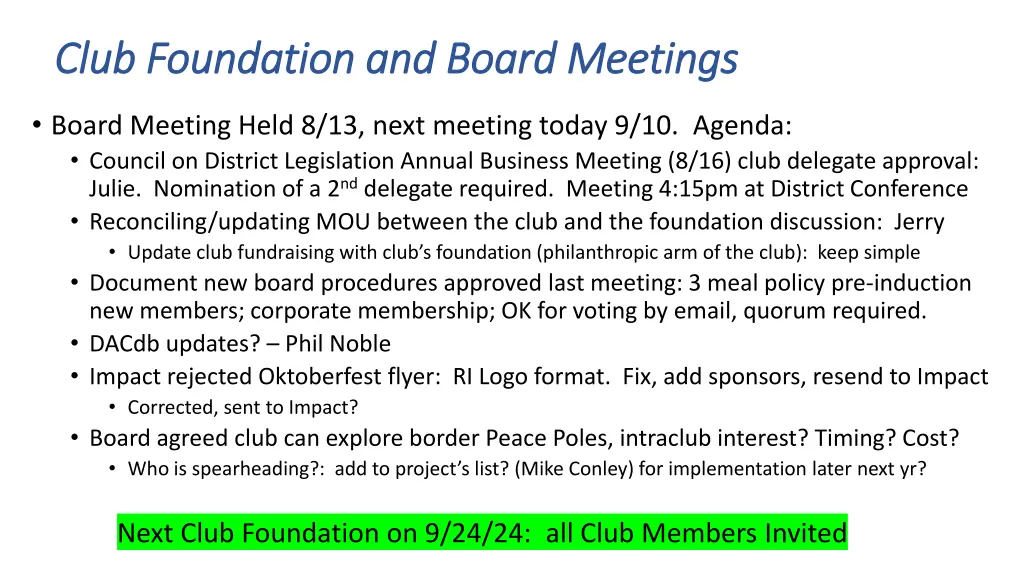 club foundation and board meetings club