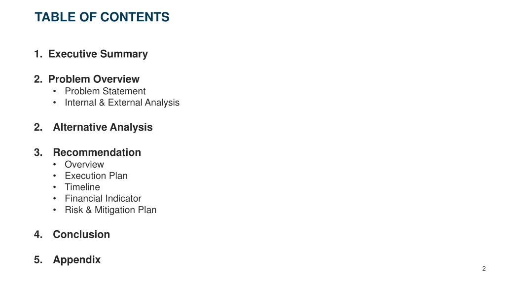 table of contents