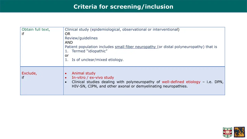 criteria for screening inclusion