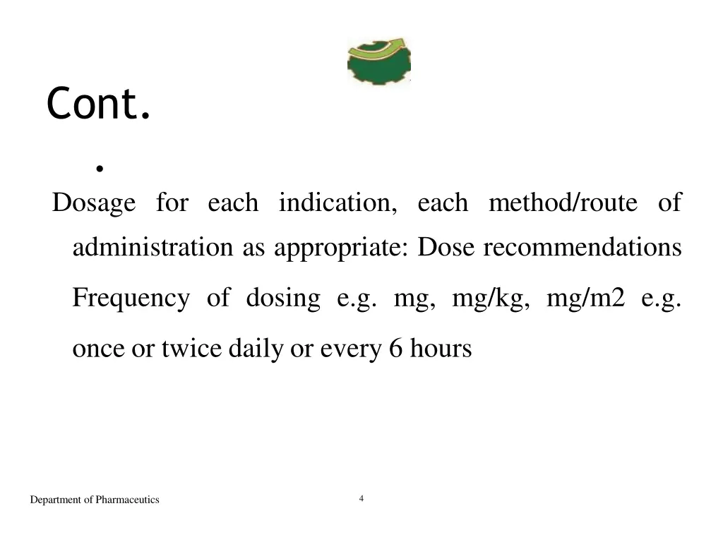 cont dosage for each indication each method route