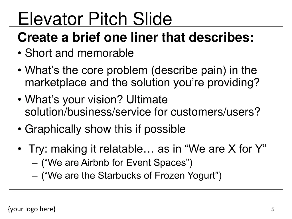 elevator pitch slide create a brief one liner
