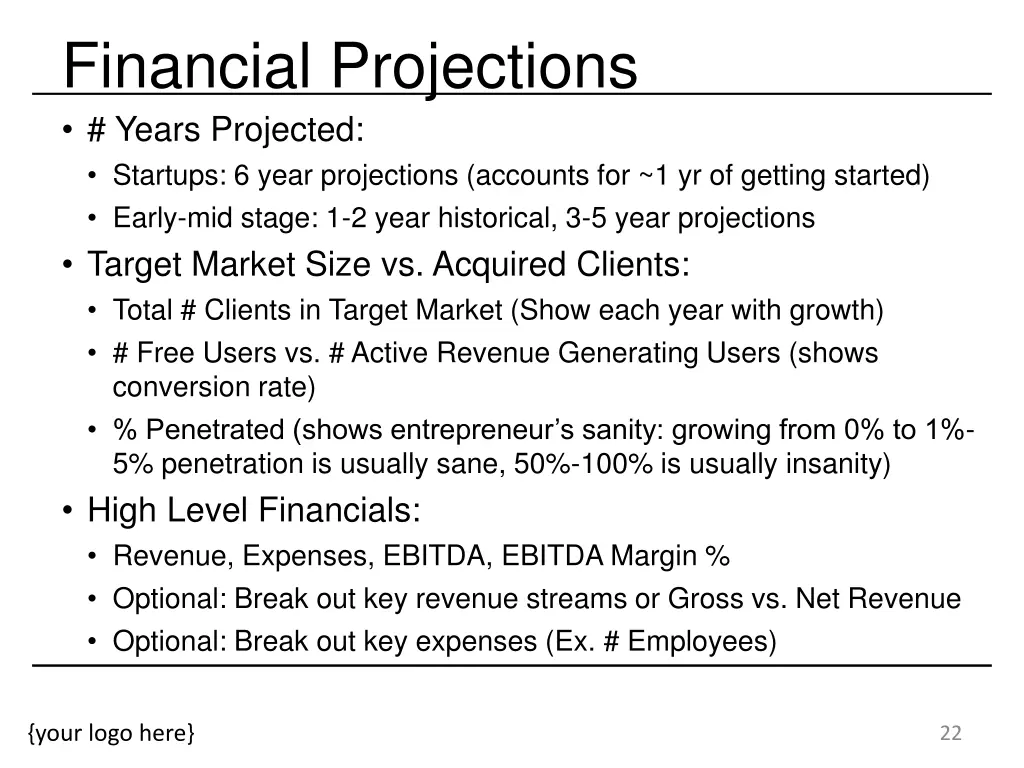 financial projections years projected startups