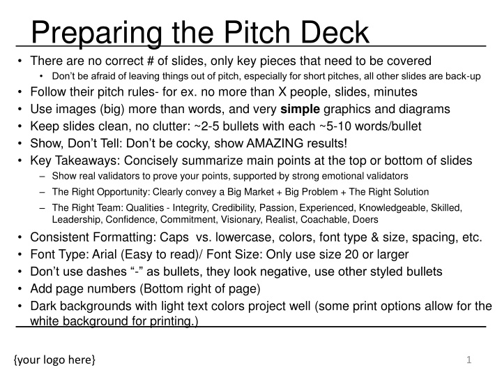 preparing the pitch deck there are no correct