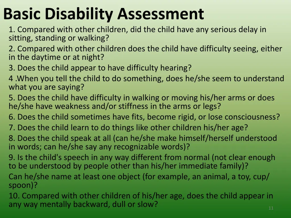 basic disability assessment 1 compared with other