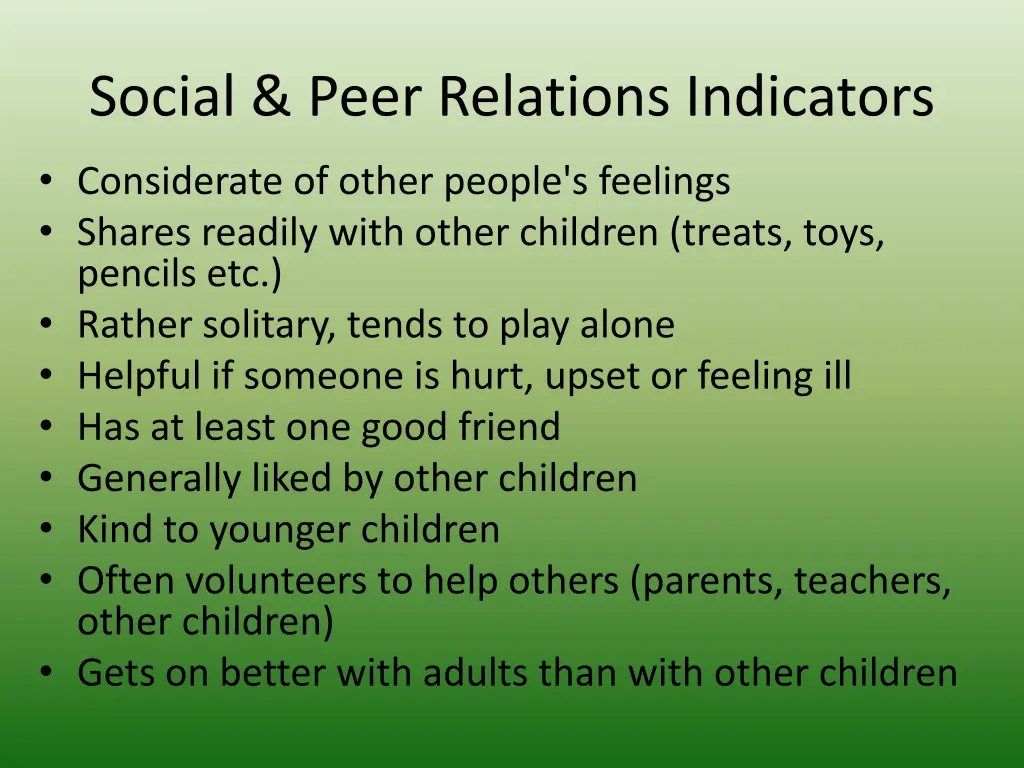 social peer relations indicators