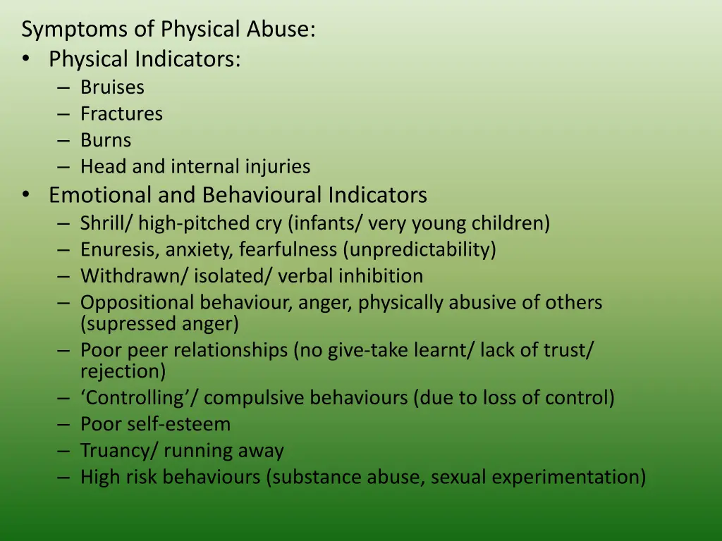 symptoms of physical abuse physical indicators