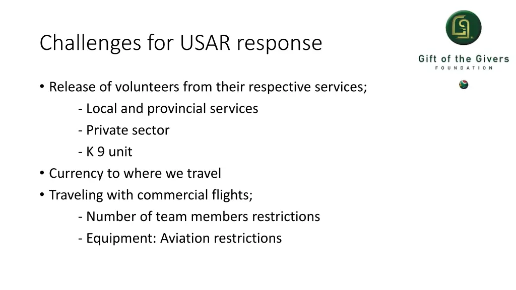 challenges for usar response