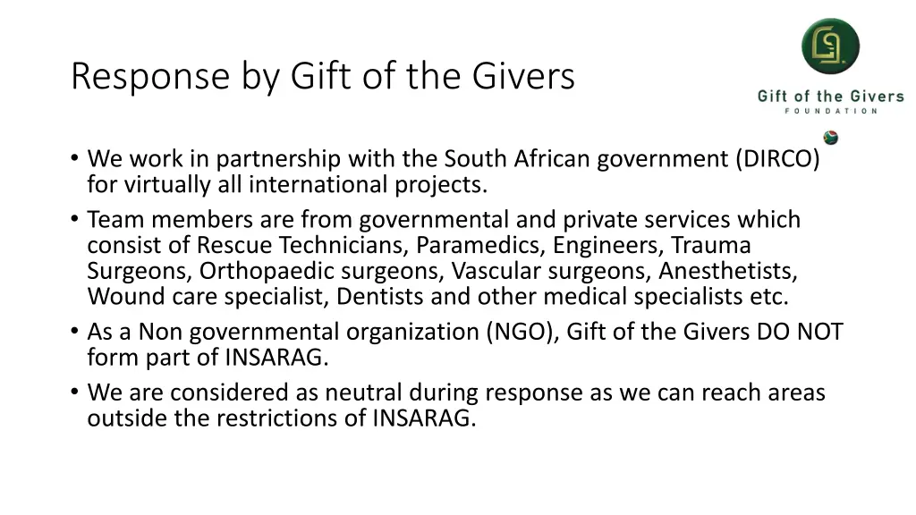 response by gift of the givers