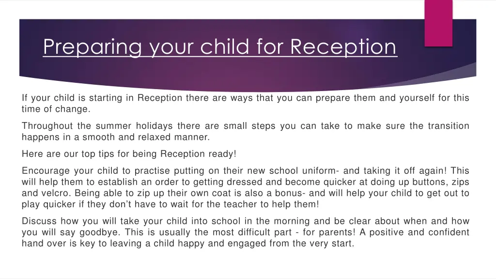 preparing your child for reception