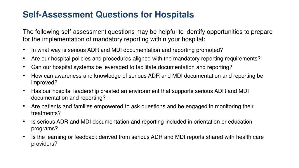 self assessment questions for hospitals