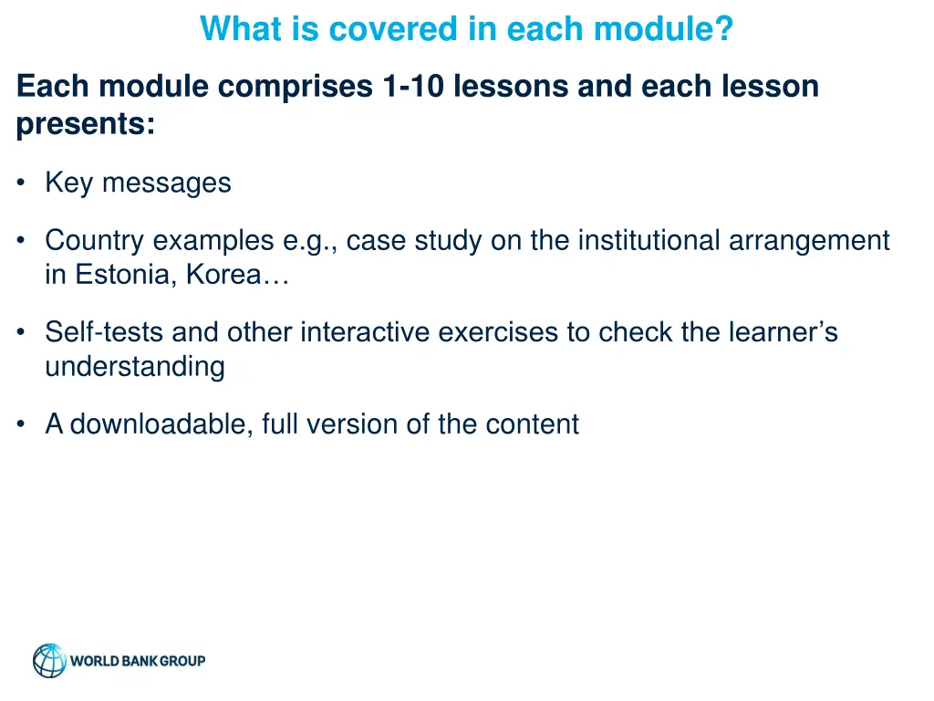 what is covered in each module