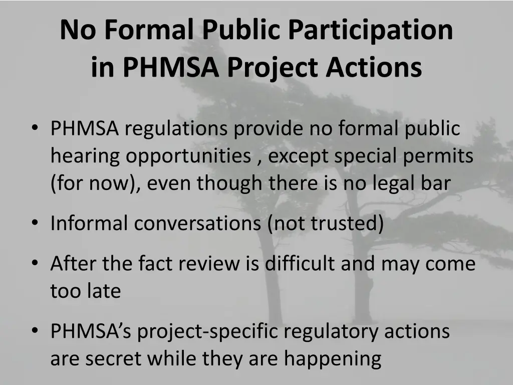 no formal public participation in phmsa project