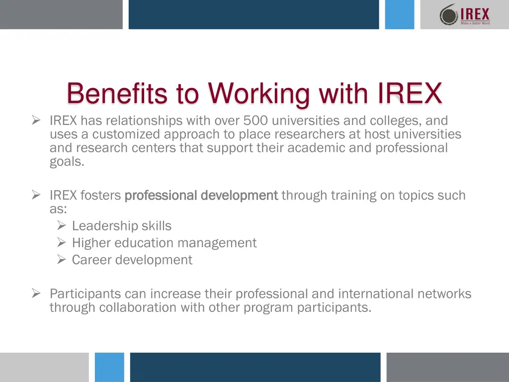 benefits to working with irex irex