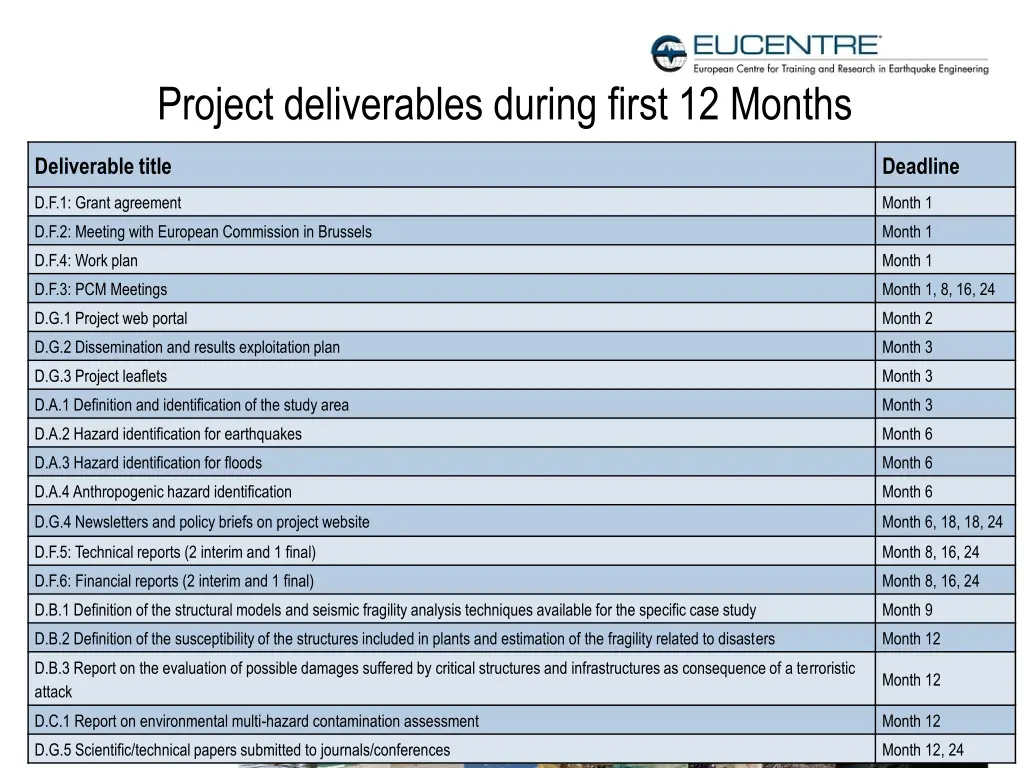 project deliverables during first 12 months